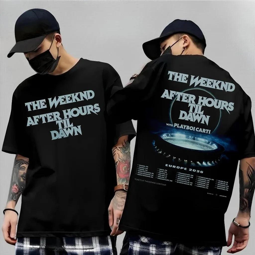 Schwarzes Oversized-Baumwoll-T-Shirt mit Retro-Porträt von The Weeknd und „Dawn FM“-Logo für treue Fans des R&B-Stars