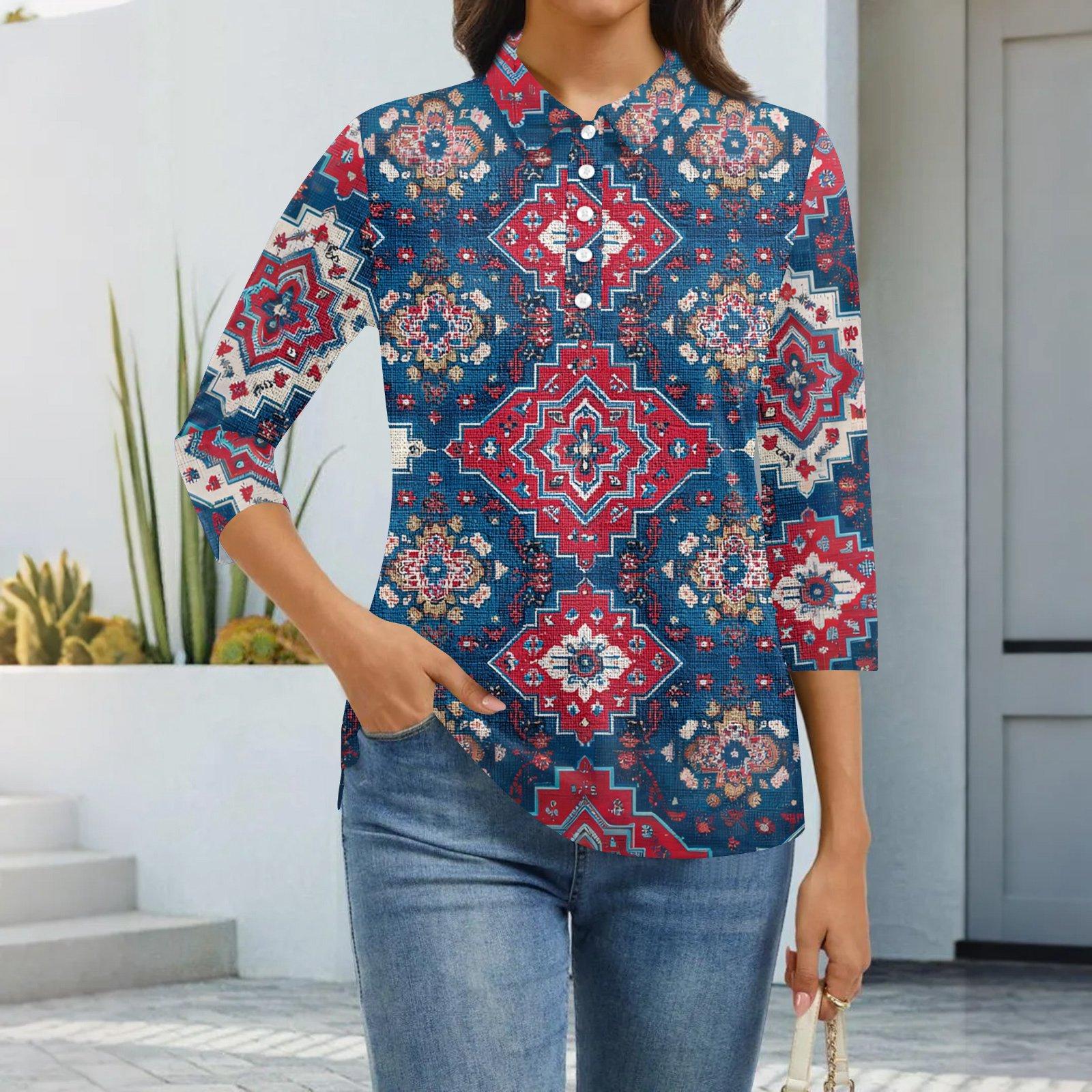 

Женская модная повседневная рубашка с лацканами и рукавом 3/4 с принтом, женские топы на пуговицах XL красный