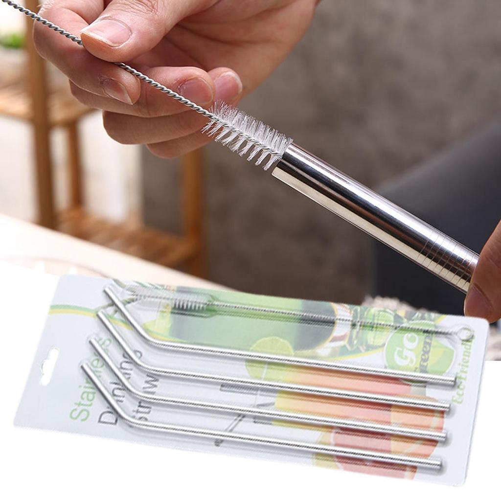 Reusable Silver Straw Set 304 Stainless Steel Straw Straight Bent Drinking Straw With Cleaning Brush Home Bar Accessories