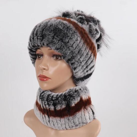 Knitted Women Warm Rex Rabbit Fur Hat Scarf Sets Winter Natural Rex Rabbit Fur Cap Scarves Russia Lady Fur Hats Muffler 2 Pieces