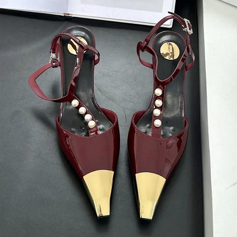 Sexy Metal Pointed Toe Stiletto Sandal Women Luxury Pearls Strap Buckle Designer High Heels Party Prom Shoes Summer Women Pumps
