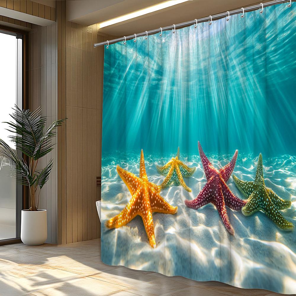 1pc Vibrant Starfish Shower Curtain - Multi-Colored Starfish, Shimmering Water, Tranquil Underwater Scene, Polyester