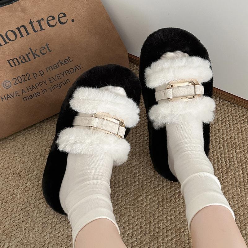 Women Fur Slippers Flats Shoes Casual Short Plush Cozy Winter Open Toe Flip Flops 2025 New Trend Slingback Slides Mujer