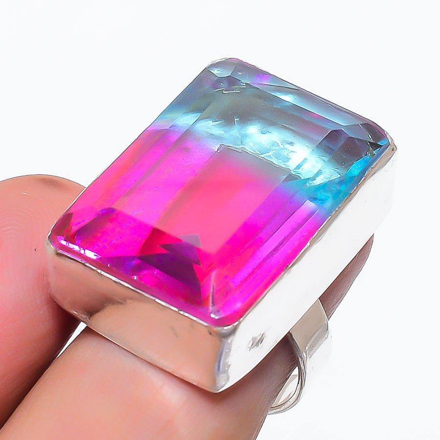 Natural Bi-Color Tourmaline 925 Sterling Silver Jewelry Ring Size 7 H6u73