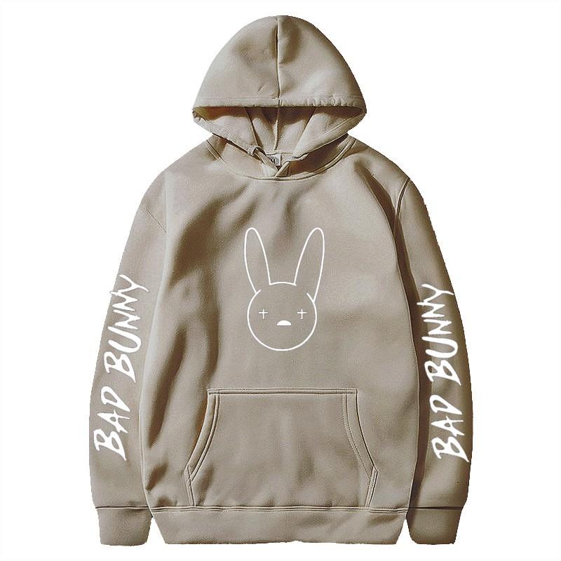 Bad Bunny Print Fleece Hoodie Unisex Casual Pullover Streetwear Customizable Sweatshirt