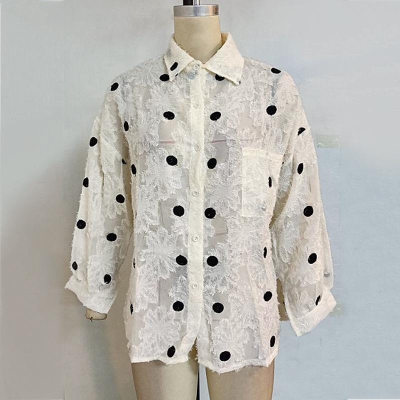 Women's Polka Dot Lapel Mesh Mesh Loose Single Breasted Long Sleeve Shirt