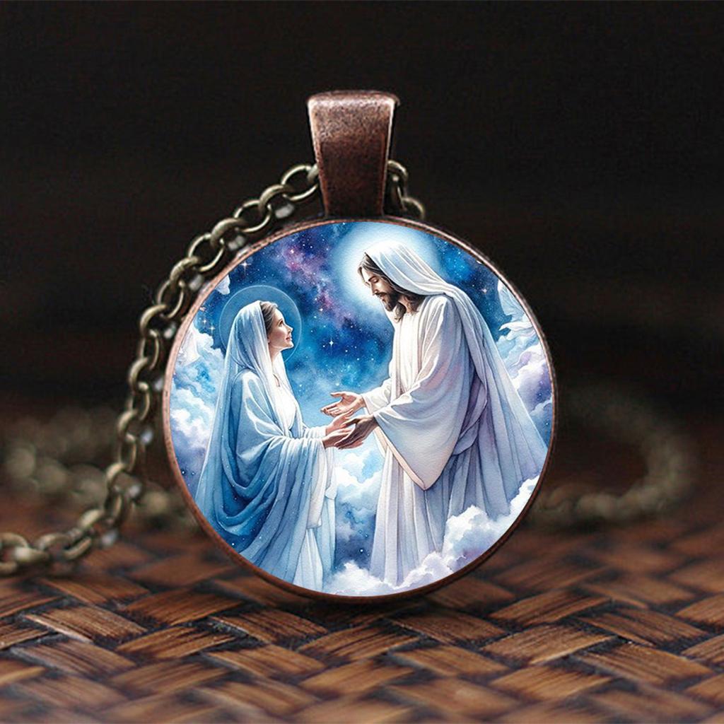 A pendant necklace featuring the scene of Jesus meeting the Virgin Mary, a time-honored gemstone glass pendant necklace suitable for everyday wear