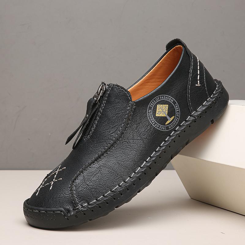 

Весна 2025 Мужские Новые Удобные Повседневные Кожаные Туфли на Боковой Молнии Мужские Дышащие Туфли-Слипоны с Круглым Носком Ручной Работы 48 чёрный
