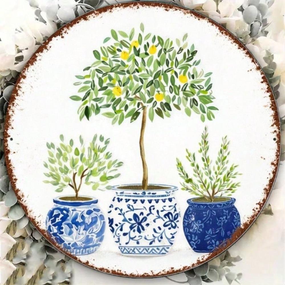 Round Metal Lemon Tree Wall Art Mediterranean Kitchen Balcony Decor 20x20cm