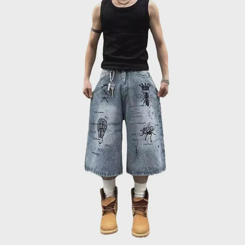 Unisex American Street Graffiti Print Denim Shorts - Trendy, Loose-Fit, Retro-Style Cropped Summer Shorts
