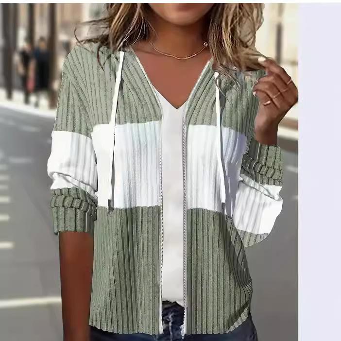 

Women s Olive Green Ribbed Zip Hoodie, White Contrast Stripe, Drawstring Hood S