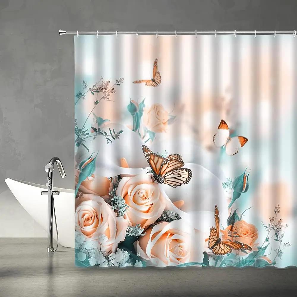 Pink Flower Butterfly Shower Curtain Natural Garden Landscape Home Fabric Bathroom Decoration Shower Curtain With Hook