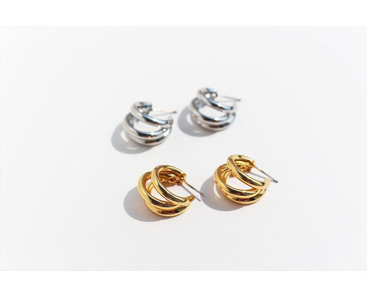 Real Gold-Plated Copper Crazy Sister Classic Three-Tube Earrings: Women's C-Shaped Hoop Silver Needle 300