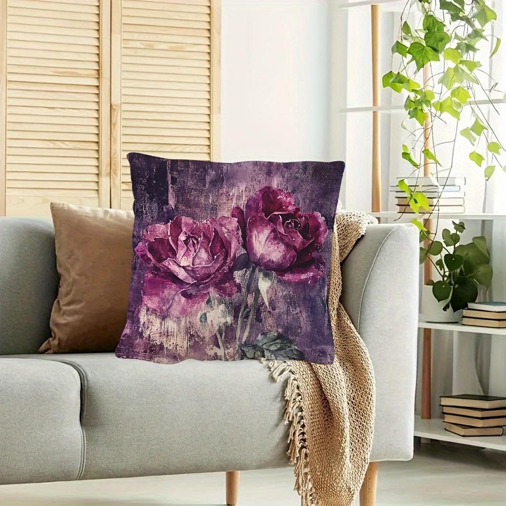 1Pc Dark Purple Watercolor Rose Pillow Cover, Polyester 2D Double-Sided Print, Vintage Floral Art Cushion, Romantic Flower Lover