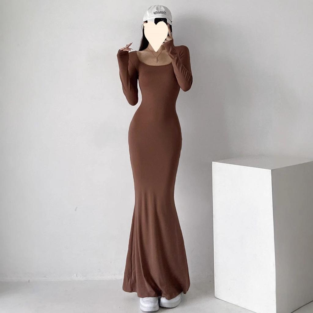 Sexy Long Dress Women's High Waist and Thin Buttocks Fishtail Skirt Chic Autumn Temperament Round Neck New Dress
