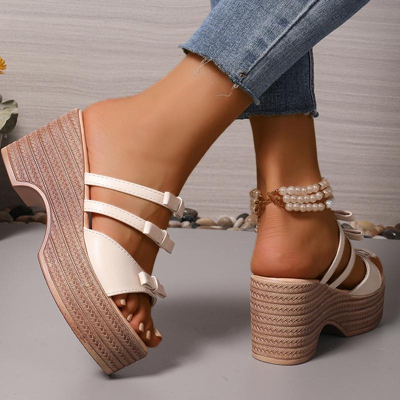 Fashion Bow Knot Chunky Platform Slippers Women Fashion Party High Heel Pu Leather Slides Ladies Summer Wedge Open Toe Sandal Mujer