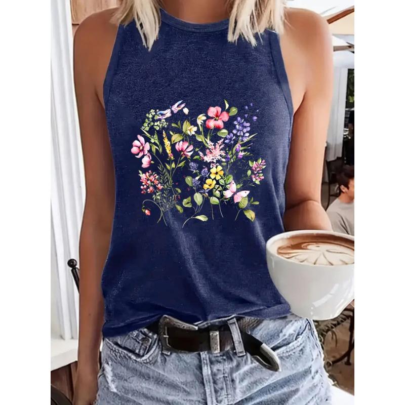 

Plant and Floral Printed Women s Round-neck Pullovers Spring and Summer Casual Top XXL темно-синий