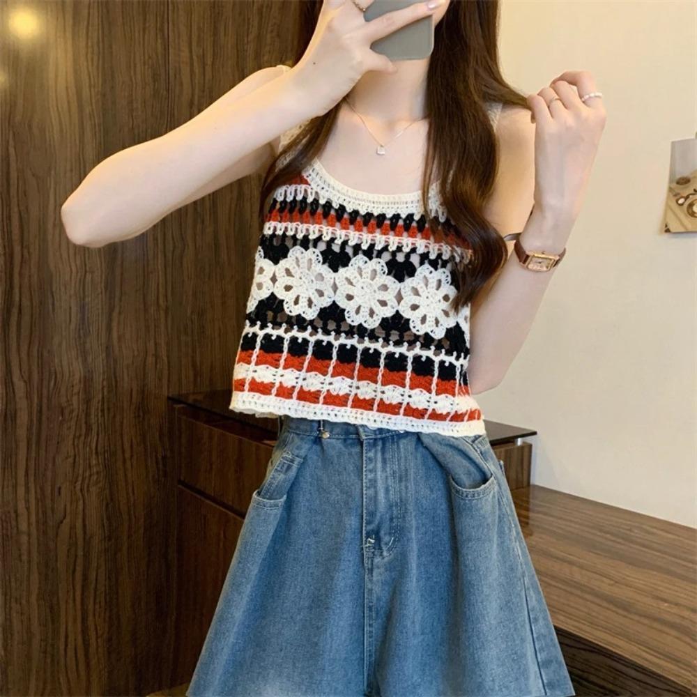 Short Knitted Vest Polyester Fiber Sleeveless Top Sweet Hollow Out Top Women's