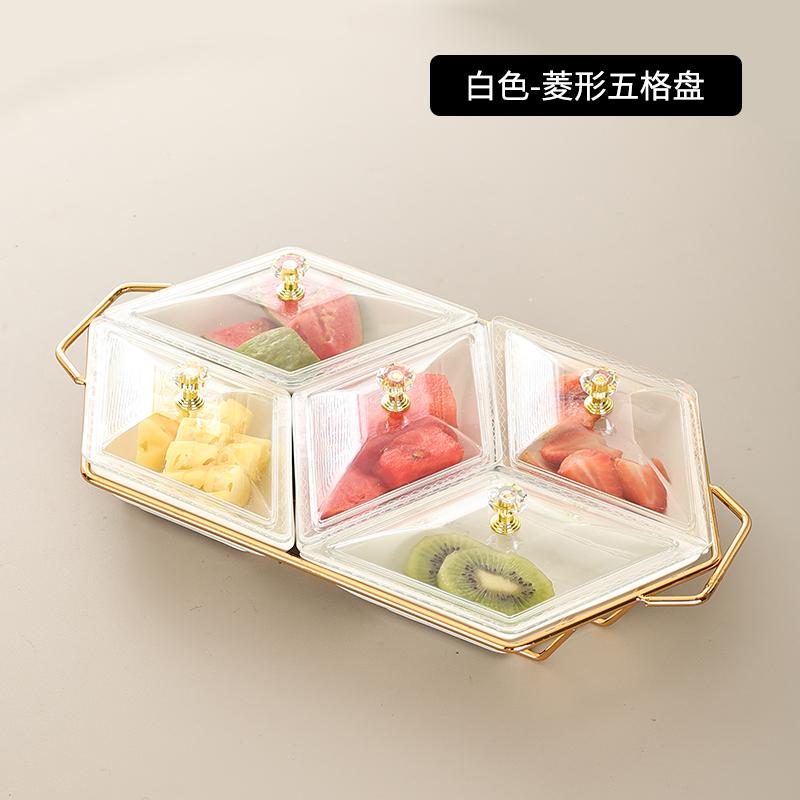 3 Grids 5 Grids Ceramic Snack Tray Acrylic Cover Metal Base Snack Platter Fruit Tray Dried Fruit Plate Salad Bowl Dessert Bowl