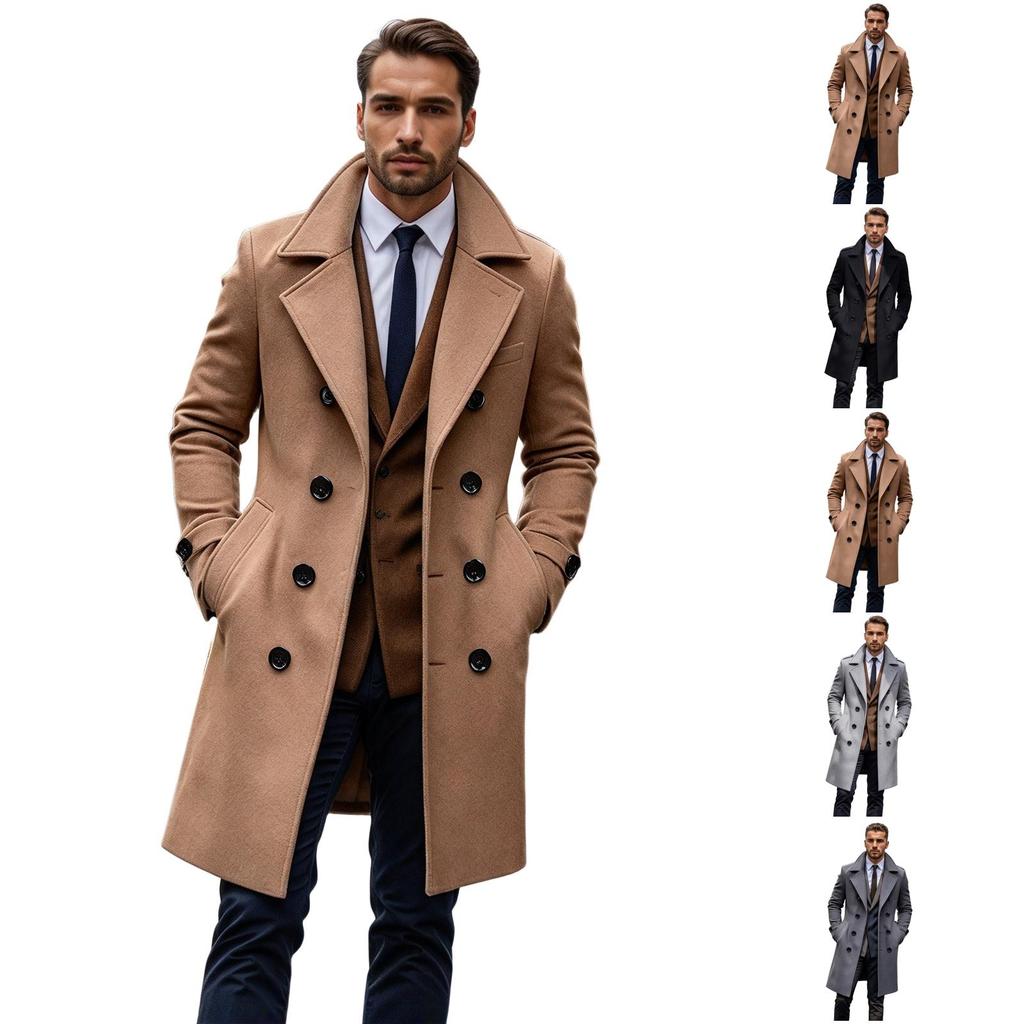 Men's Double-Breasted Long Wool Overcoat Winter Trench Coat for Business Casual