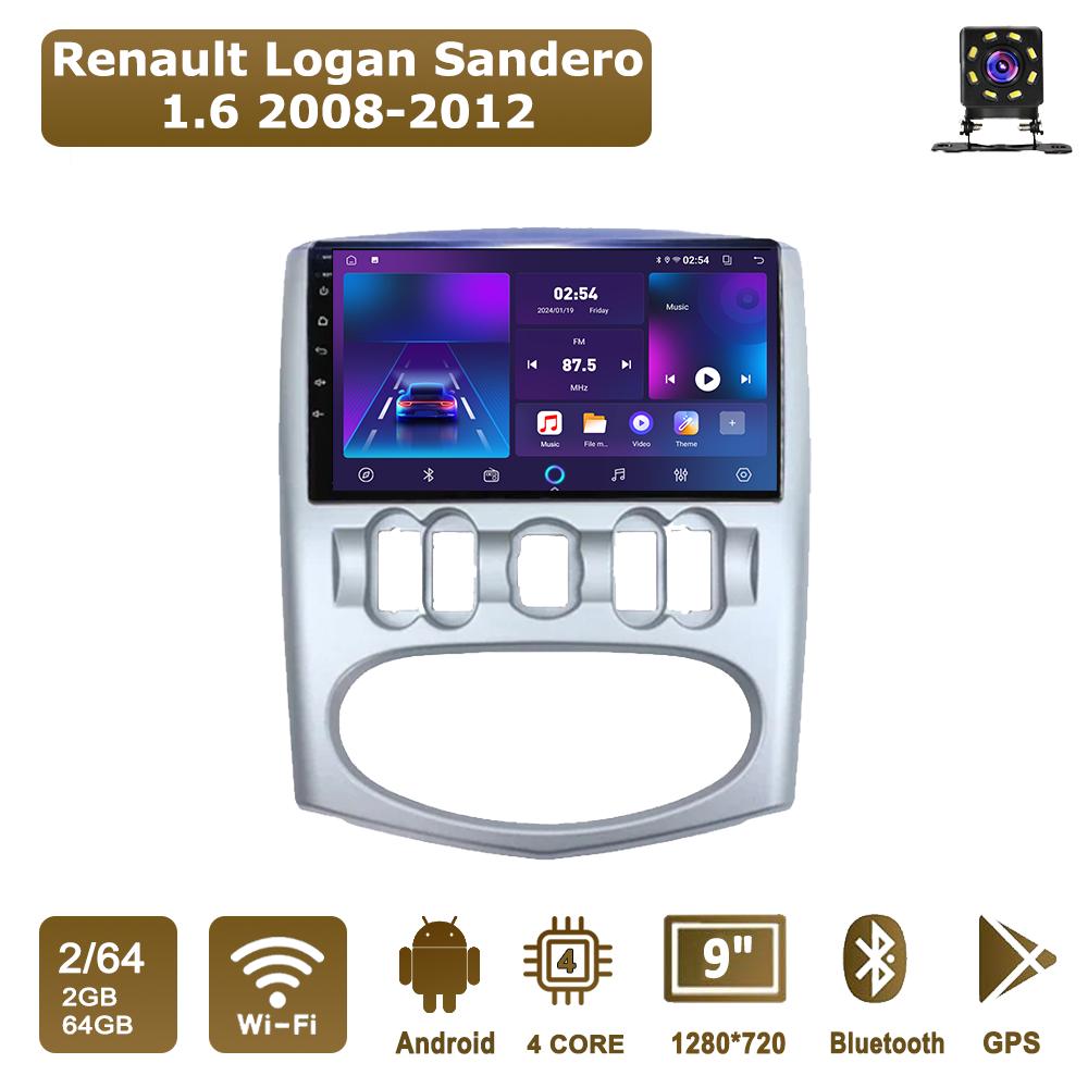 

Android Car-Play Car Radio For Renault Logan Sandero 1.6 2008 -2012 Multimedia Player Head Unit Stereo GPS Navigation BT WIFI,2+64GB срібний