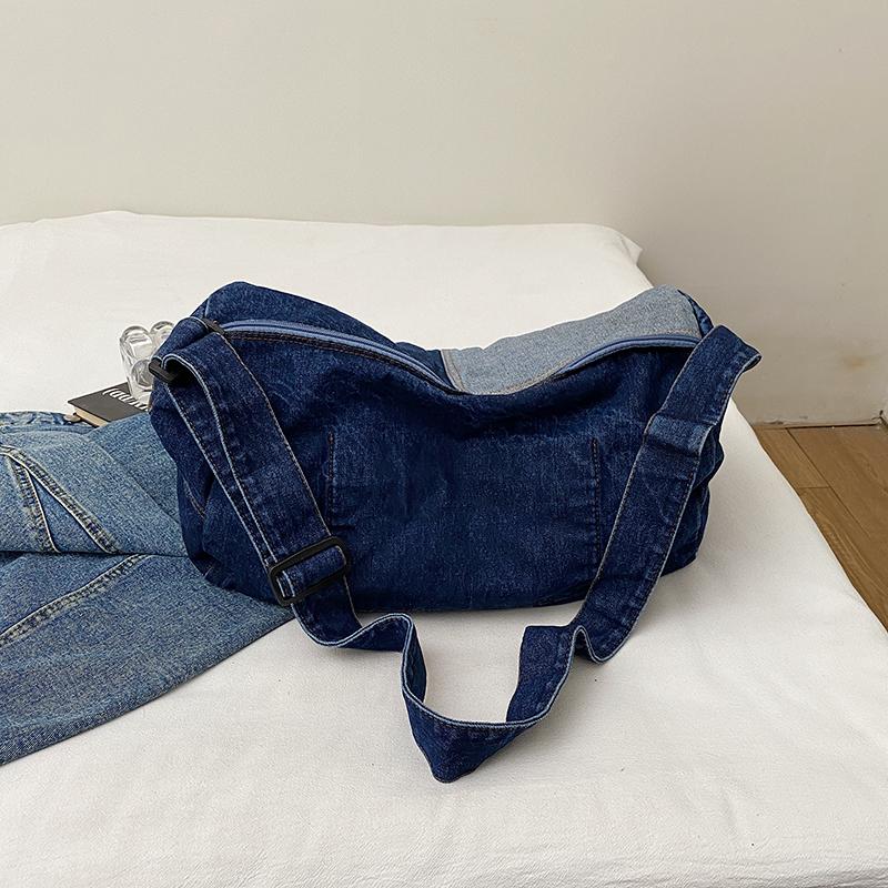 Damen-Umhängetasche mit Farbblock-Muster, Denim-Umhängetasche, große Kapazität, Unterarmtasche