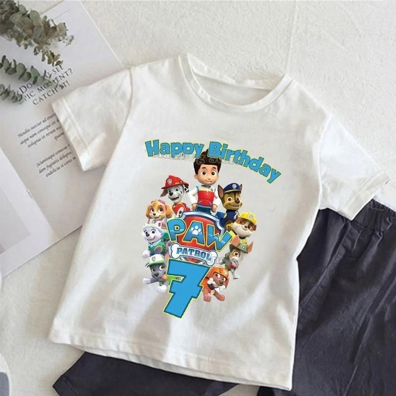 Paw Patrols Kids T-shirt Cute Summer Cotton Pullover Birthday Number Top Kawaii Boy Girl Chase Skye Printed Casual Clothes Gifts