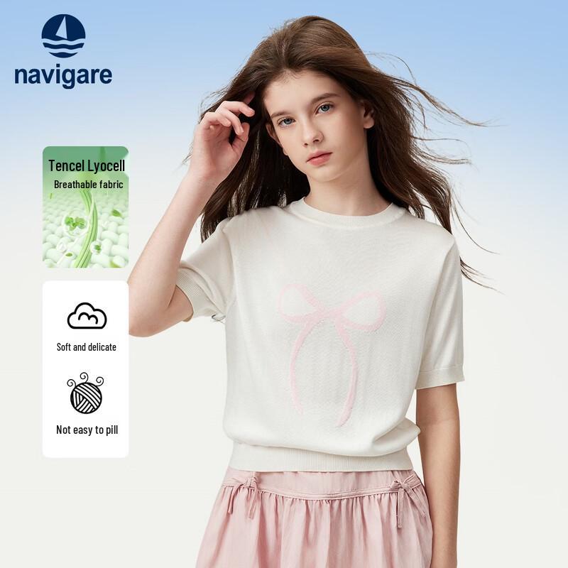 Navigare Girls Short Sleeve Knit T-shirt with Bow Letter Design 150