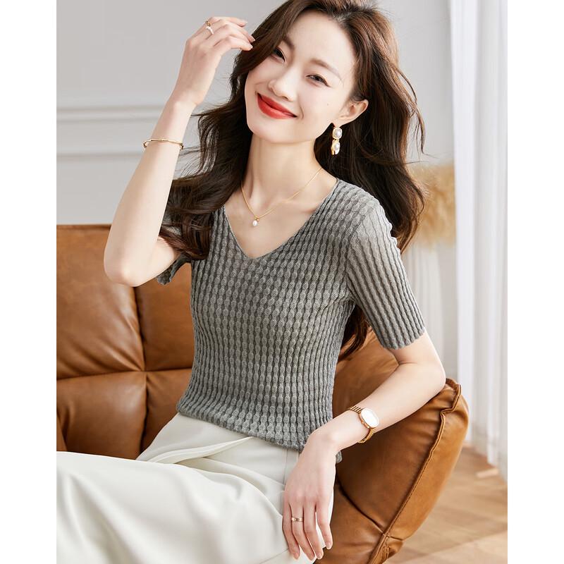 Srcr Women s Mulberry Silk Blend V-Neck Knit Short Sleeve Top M