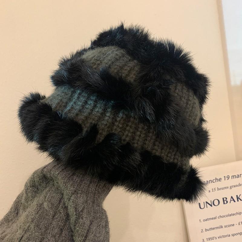 Fashion Rabbit Fur Patchwork Knit Bucket Hat Women Warm Fall Winter Large Head Size Face Slimming