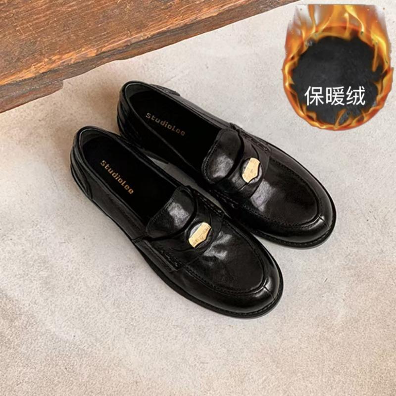 [Su Family] Cowhide Edition~ Flat Bottom~ Horse Leather Retro Polished Small Gold Coin Loafu Single Shoes Women's Small Leather Shoes