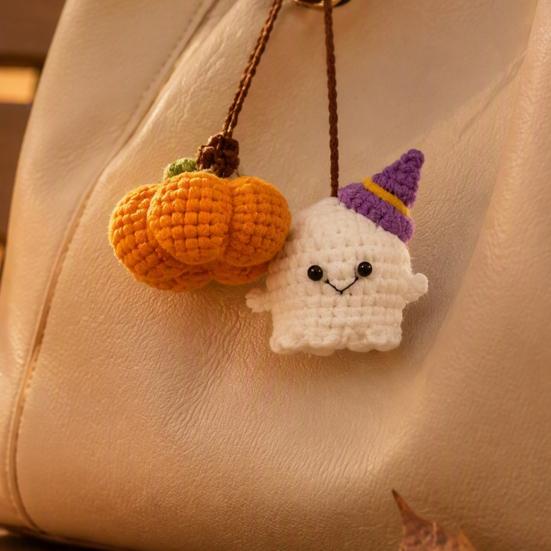 Hand Woven Woolen Ghost Decor Handmade Pumpkin Car Rear View Mirror Pendant, Cute Crochet Pendant Ornament Hanging for Halloween Auto Interior