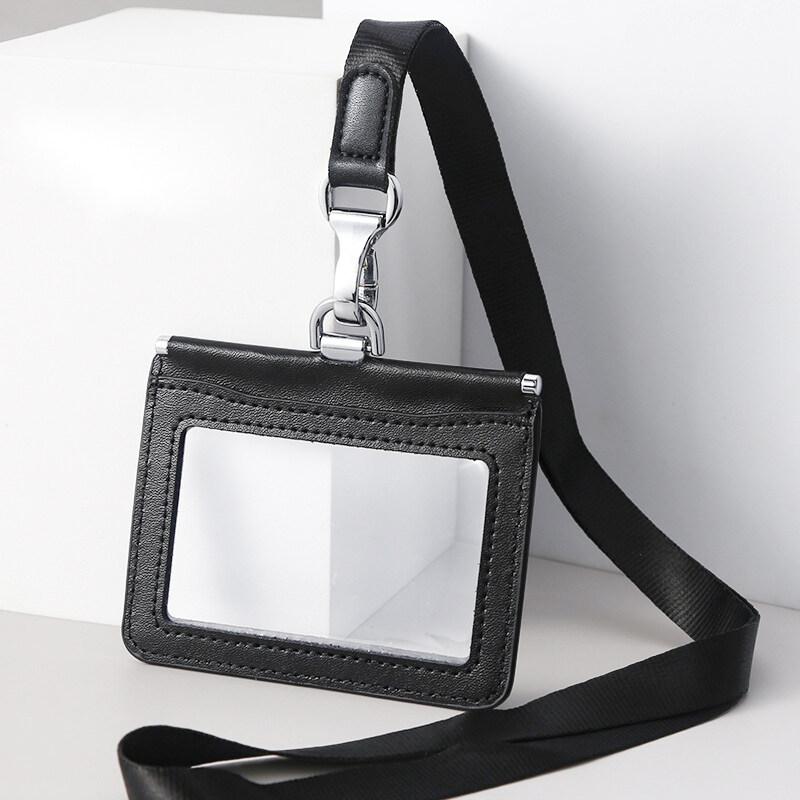 Double Sided Transparent PVC and Real Leather Work Card Holder with Lanyard Staff Hanging Neck Anti-interference Protection ID Badge Cards Cases
