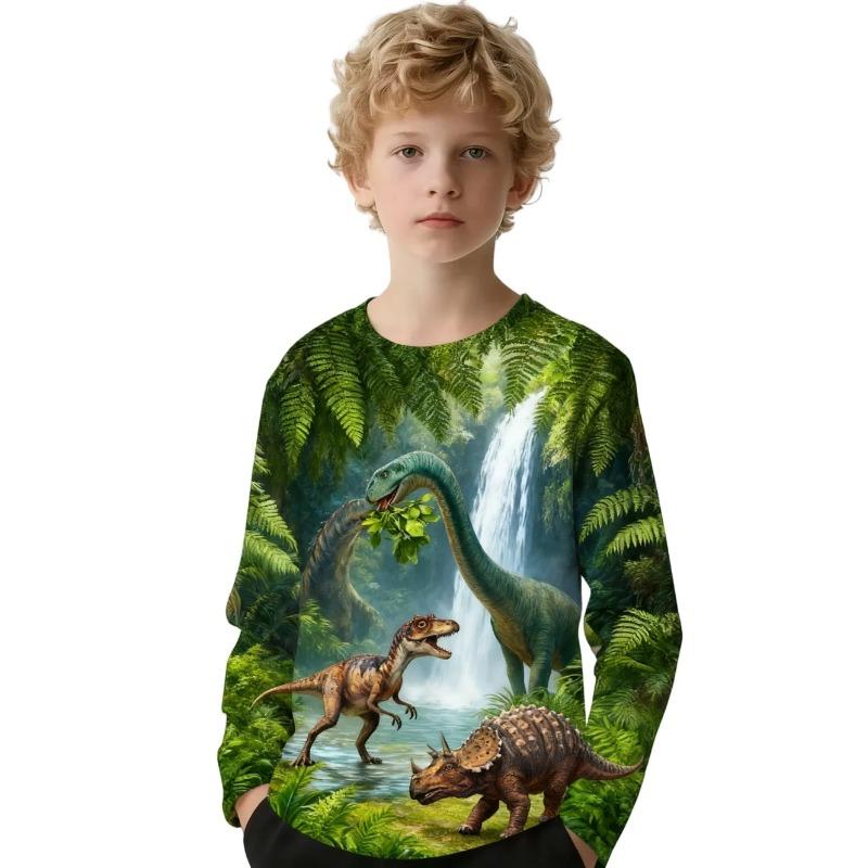 Frühlings- und Herbst-Rundhals-Oberteil mit 3D-Cartoon-Dinosaurier-Druck, modische, lässige Langarm-T-Shirts für Kinder/Jungen 110