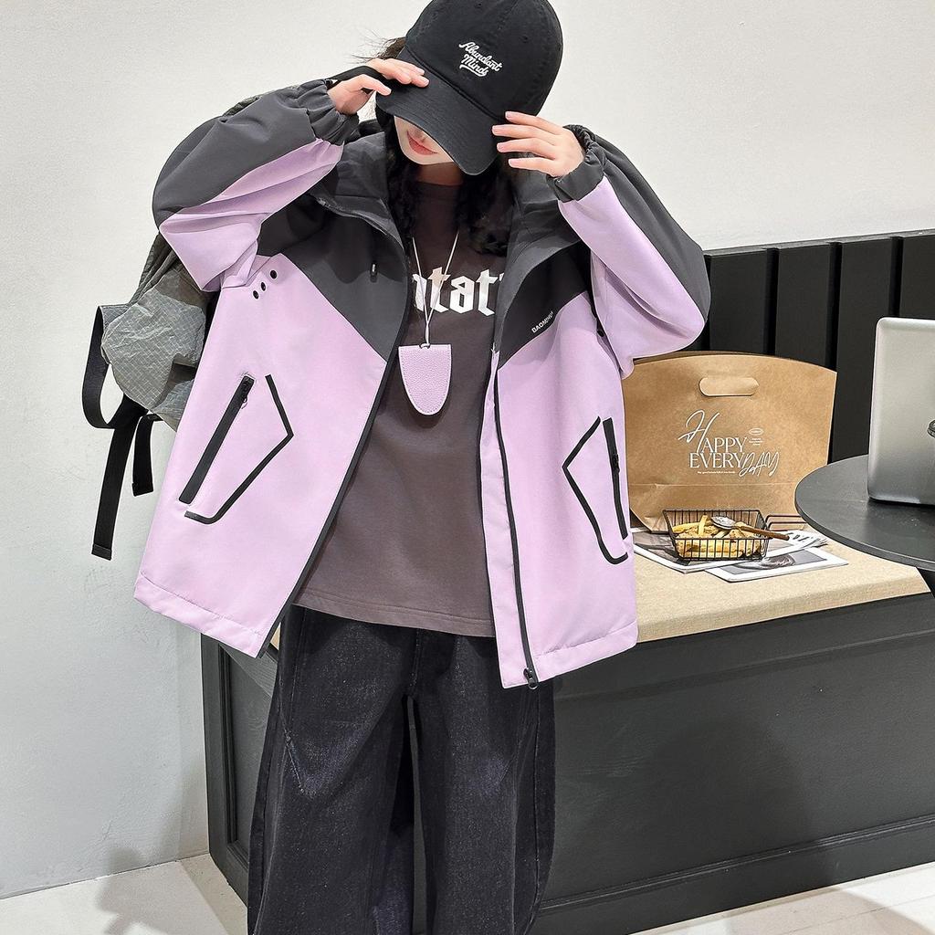 Girls' Color Block Hooded Windbreaker - Casual Spring/Autumn Jacket for Big Kids