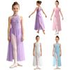 Costume da Danza Lirica per Bambina Senza Maniche con Apertura sulla Schiena Corpetto Ricamato Abito Lungo in Rete con Spacco e Pantaloncini Integrati per Gara