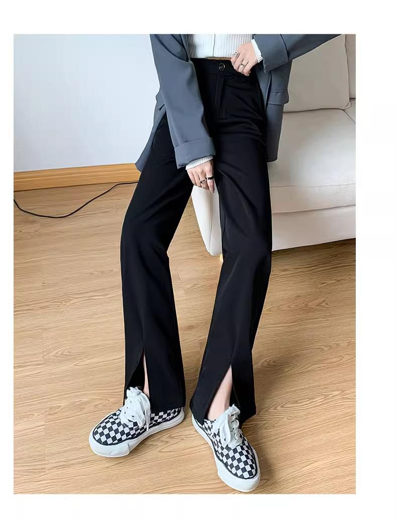 

Женские брюки-клеш микро, черные, с разрезом спереди, длиной до пола, маленького роста 150, идеально подходят для весны и осени, создают эффект высокого роста. XL (116-125 jin)