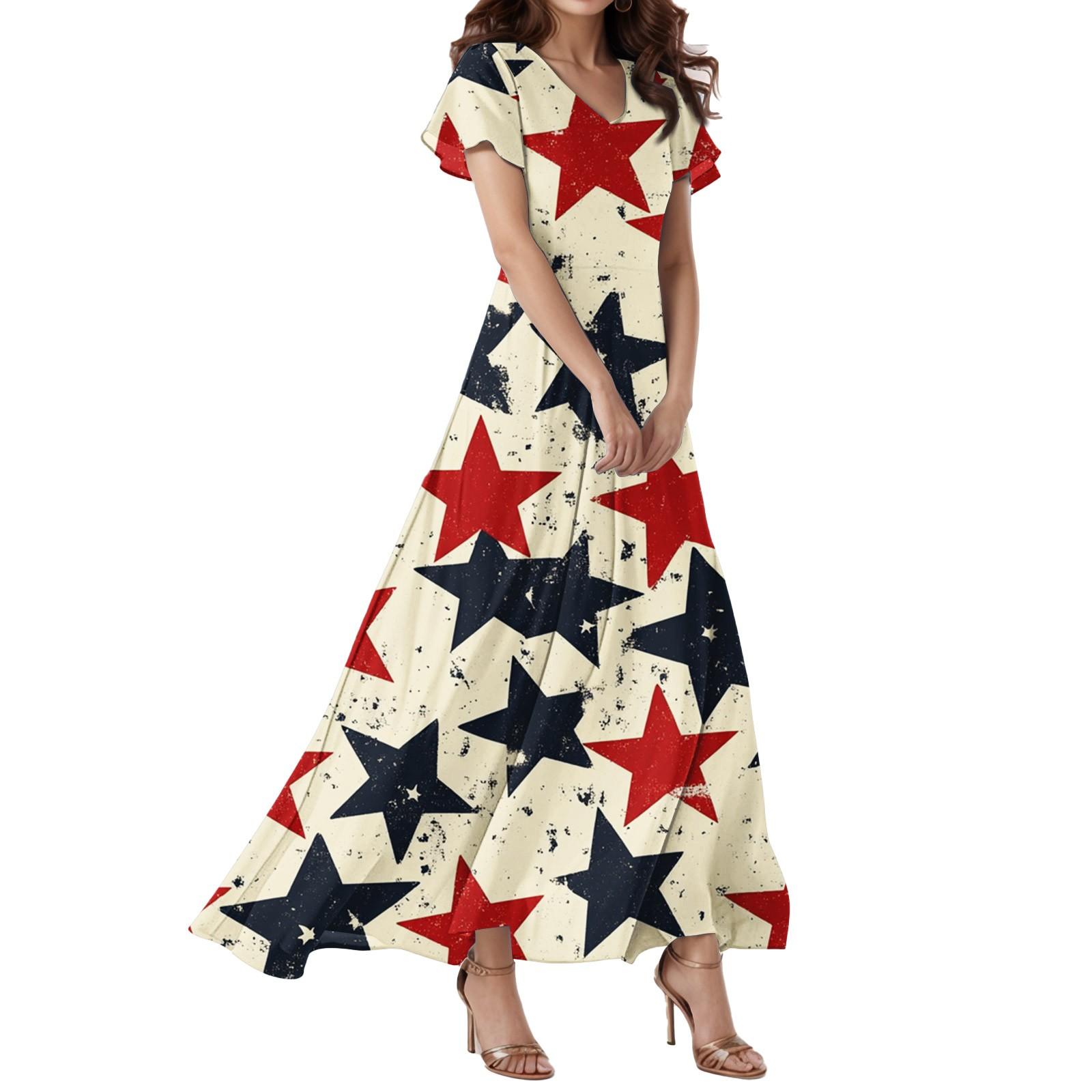 

Women s Loose Casual V-Neck Short Sleeved High Waisted Independent Day Print Dress M чорний