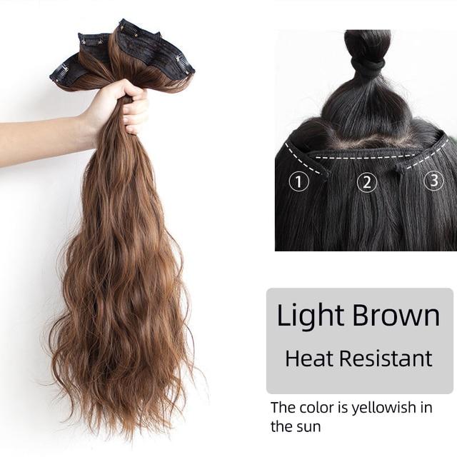 Extensii de păr sintetic, lung, drept, ondulat, ondulat, perucă falsă naturală, cu clipă pentru femeie, o singură bucată pentru femei