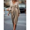 Elegant Cross-Neck Ruched Slit Dress with Puff Sleeves and Irregular Hem
