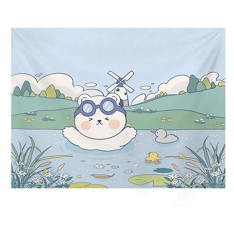 Cute Girly Heart Cartoon Bear Art Hanging Cloth Home Wall Decoration Tapestry Office Living Room Tapestry