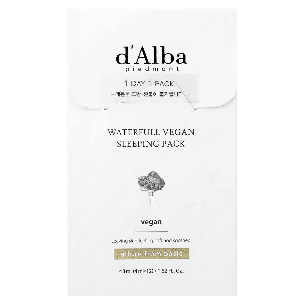 D'Alba, Waterfull Vegan Sleeping Pack, 12 Pack, 4 Ml (0.13 Fl Oz) Each