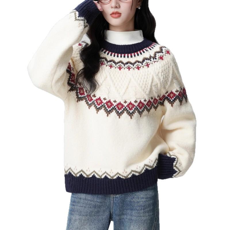 Women's Off-White Fair Isle Jacquard Sweater - Retro Knit Top for Autumn & Winter, One Size
