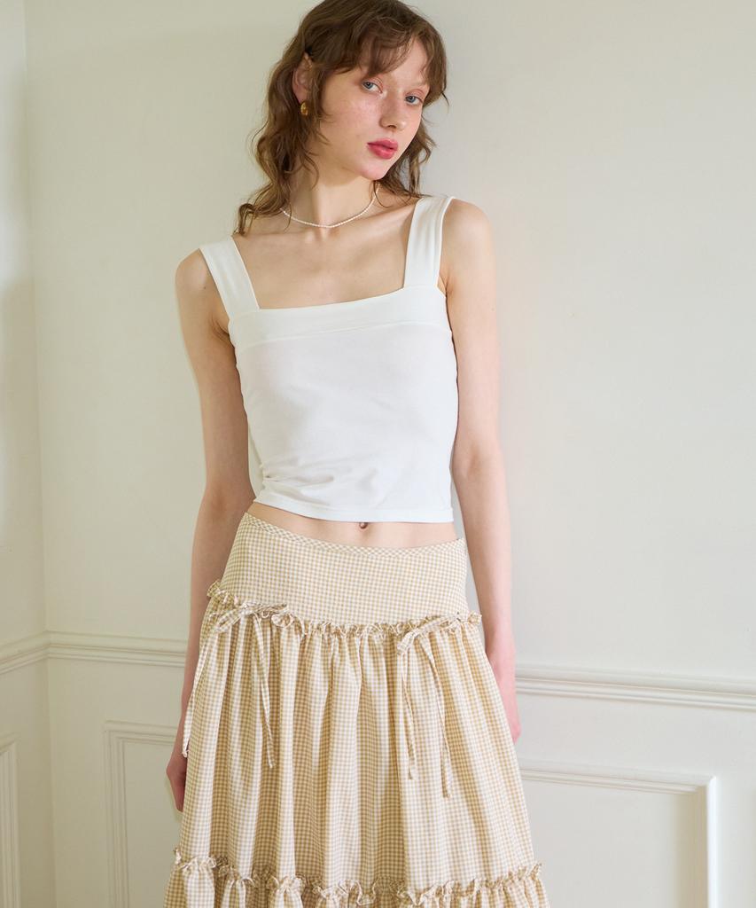 Salon De Yon Ribbon Shirring Gingham Check Maxi Skirt_ Beige