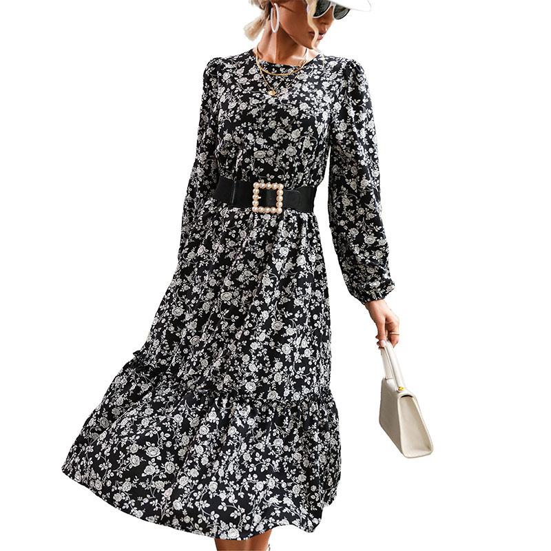 European and American fashionable long-sleeved black floral dress for autumn and winter