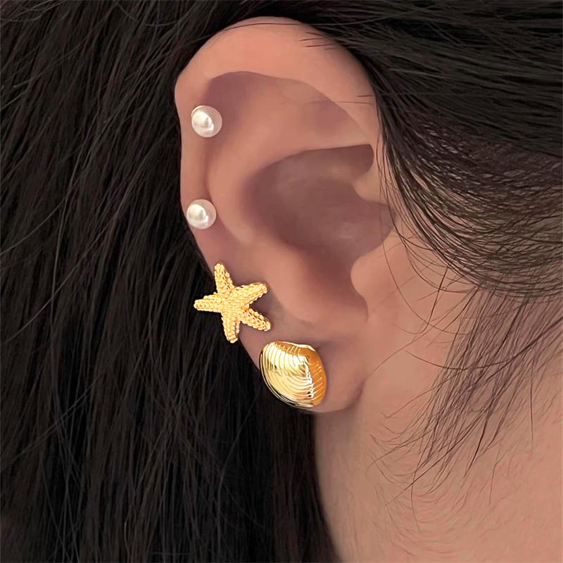 Simple Starfish Shell Stud Earrings for Women Aesthetic Mini Pearl Asymmetric Earrings Summer Beach Holiday Charm Jewelry Gifts