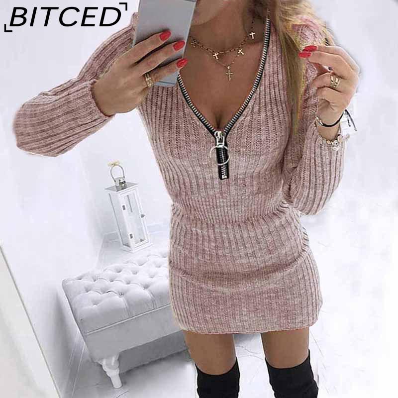 BITCED S-5XL Autumn Winter Womens Wrap Skirts Zipper Waist Long Sleeve Knitted Dress Hips