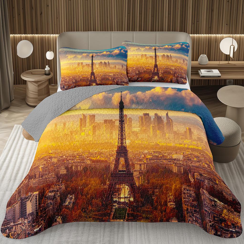 Eiffelturm Tagesdecke Vintage Paris Stadtlandschaft Quilt-Set Doppel-/Queen-Größe, Weiche Leichte Wendbare Tagesdecke für Mädchen Frauen