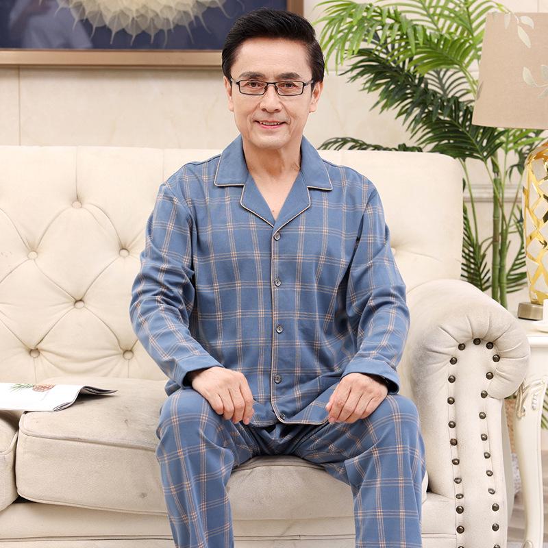 Men's Plus Size Cotton Pajama Set - Long-Sleeved, Ideal for Middle-Aged & Elderly, Spring to Winter Wear