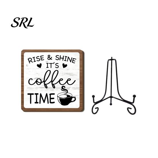 Desktop Coffee Display Stand Wooden Bar Sign Decor with Iron Stand, Vintage Black & White Cafe Decorative for Station Wall Art, Rustic Tabletop